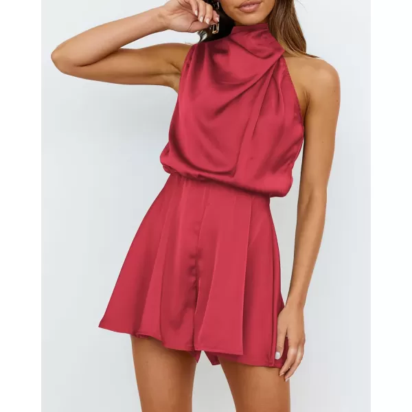 imageBTFBM Womens Mock Neck Summer Romper Satin Sleeveless Elastic Waist Casual Beach Party One Piece Short Jumpsuit RompersSolid Red