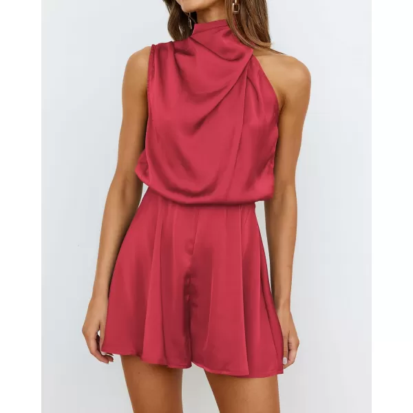 imageBTFBM Womens Mock Neck Summer Romper Satin Sleeveless Elastic Waist Casual Beach Party One Piece Short Jumpsuit RompersSolid Red