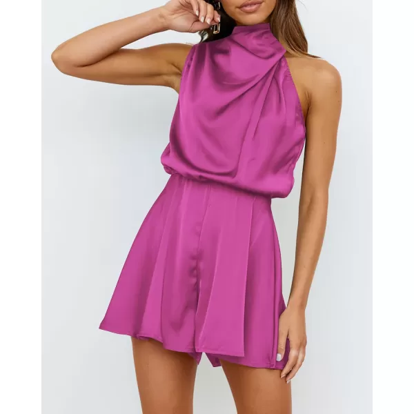 imageBTFBM Womens Mock Neck Summer Romper Satin Sleeveless Elastic Waist Casual Beach Party One Piece Short Jumpsuit RompersSolid Rose Red