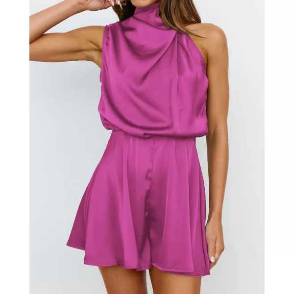 imageBTFBM Womens Mock Neck Summer Romper Satin Sleeveless Elastic Waist Casual Beach Party One Piece Short Jumpsuit RompersSolid Rose Red