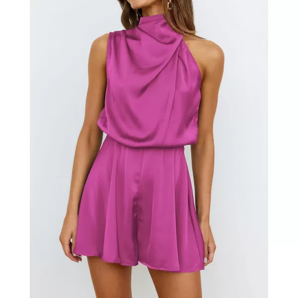 imageBTFBM Womens Mock Neck Summer Romper Satin Sleeveless Elastic Waist Casual Beach Party One Piece Short Jumpsuit RompersSolid Rose Red