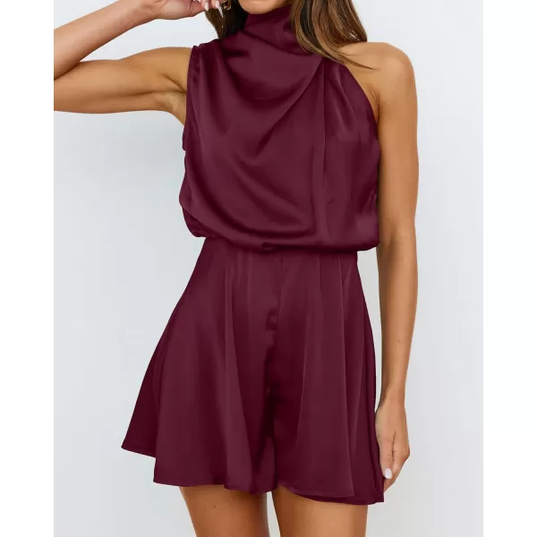 imageBTFBM Womens Mock Neck Summer Romper Satin Sleeveless Elastic Waist Casual Beach Party One Piece Short Jumpsuit RompersSolid Wine Red