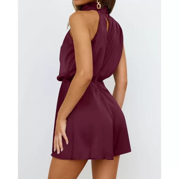 imageBTFBM Womens Mock Neck Summer Romper Satin Sleeveless Elastic Waist Casual Beach Party One Piece Short Jumpsuit RompersSolid Wine Red