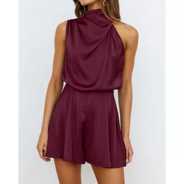 imageBTFBM Womens Mock Neck Summer Romper Satin Sleeveless Elastic Waist Casual Beach Party One Piece Short Jumpsuit RompersSolid Wine Red