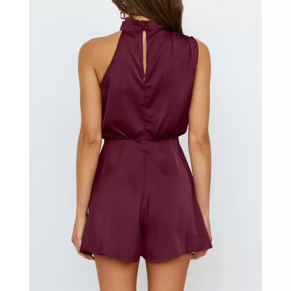 imageBTFBM Womens Mock Neck Summer Romper Satin Sleeveless Elastic Waist Casual Beach Party One Piece Short Jumpsuit RompersSolid Wine Red