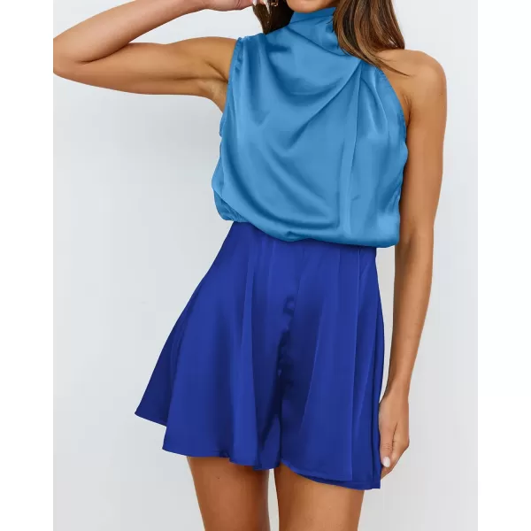 imageBTFBM Womens Mock Neck Summer Romper Satin Sleeveless Elastic Waist Casual Beach Party One Piece Short Jumpsuit RompersStitched Lignt Blue