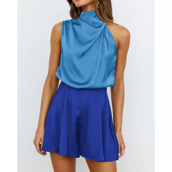 imageBTFBM Womens Mock Neck Summer Romper Satin Sleeveless Elastic Waist Casual Beach Party One Piece Short Jumpsuit RompersStitched Lignt Blue