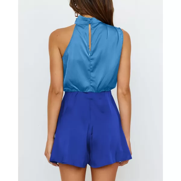 imageBTFBM Womens Mock Neck Summer Romper Satin Sleeveless Elastic Waist Casual Beach Party One Piece Short Jumpsuit RompersStitched Lignt Blue