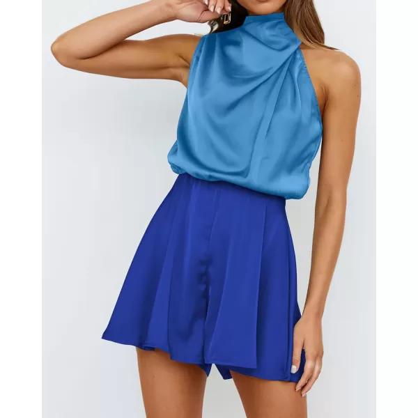 imageBTFBM Womens Mock Neck Summer Romper Satin Sleeveless Elastic Waist Casual Beach Party One Piece Short Jumpsuit RompersStitched Lignt Blue