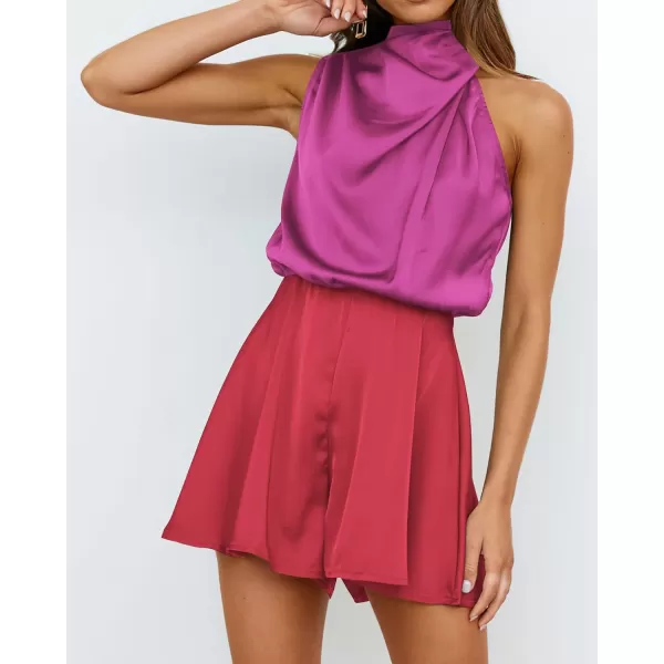 imageBTFBM Womens Mock Neck Summer Romper Satin Sleeveless Elastic Waist Casual Beach Party One Piece Short Jumpsuit RompersStitched Rose Red