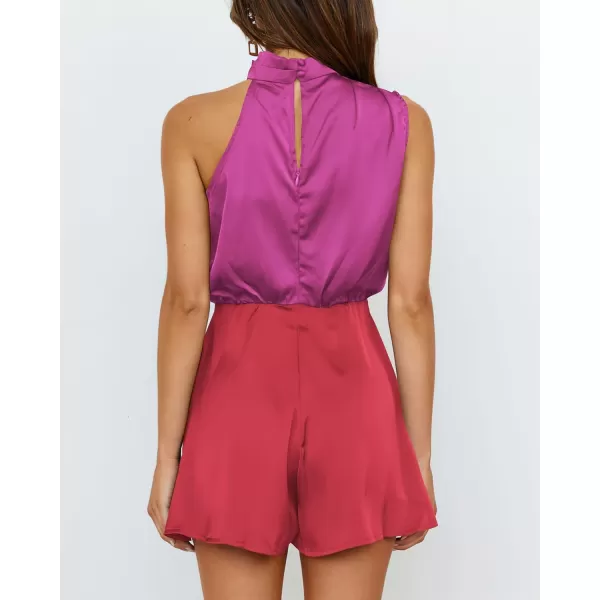 imageBTFBM Womens Mock Neck Summer Romper Satin Sleeveless Elastic Waist Casual Beach Party One Piece Short Jumpsuit RompersStitched Rose Red