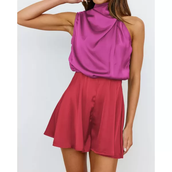 imageBTFBM Womens Mock Neck Summer Romper Satin Sleeveless Elastic Waist Casual Beach Party One Piece Short Jumpsuit RompersStitched Rose Red