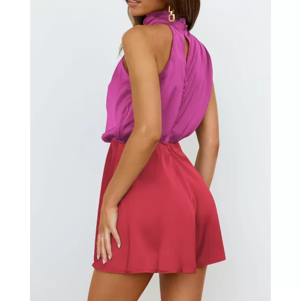 imageBTFBM Womens Mock Neck Summer Romper Satin Sleeveless Elastic Waist Casual Beach Party One Piece Short Jumpsuit RompersStitched Rose Red