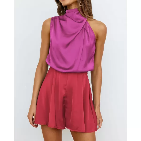 imageBTFBM Womens Mock Neck Summer Romper Satin Sleeveless Elastic Waist Casual Beach Party One Piece Short Jumpsuit RompersStitched Rose Red