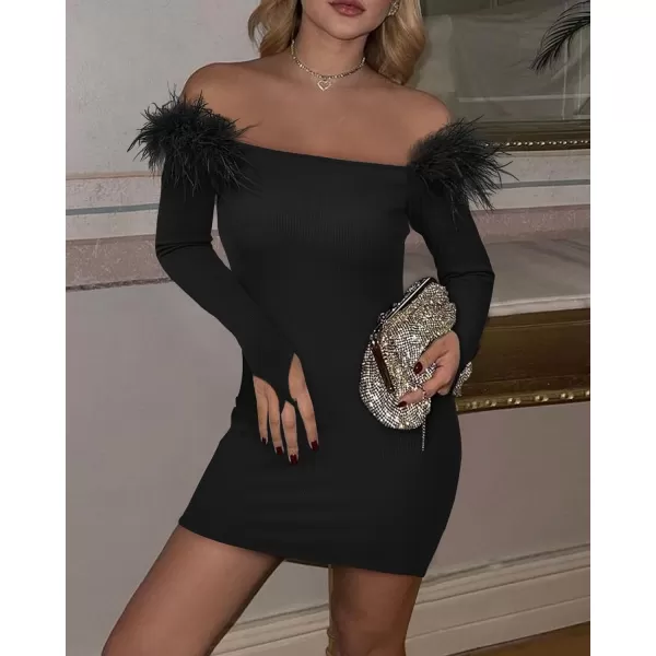 imageBTFBM Womens Off Shoulder Bodycon Dress Feather Long Sleeve Ribbed Knit Elegant Cocktail Evening Party Mini DressesSolid Black