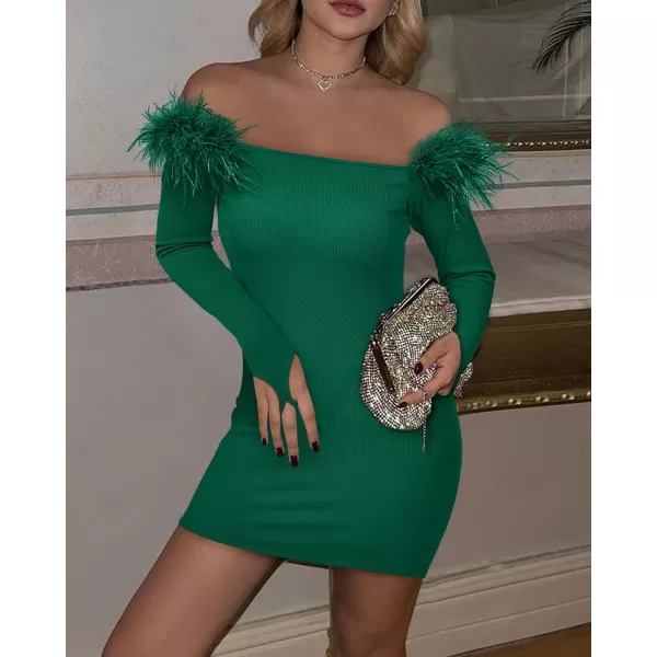 imageBTFBM Womens Off Shoulder Bodycon Dress Feather Long Sleeve Ribbed Knit Elegant Cocktail Evening Party Mini DressesSolid Green