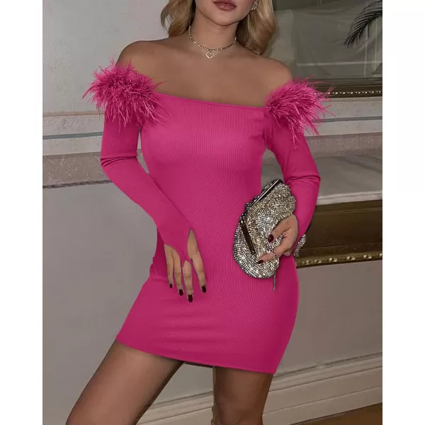 imageBTFBM Womens Off Shoulder Bodycon Dress Feather Long Sleeve Ribbed Knit Elegant Cocktail Evening Party Mini DressesSolid Rose Red