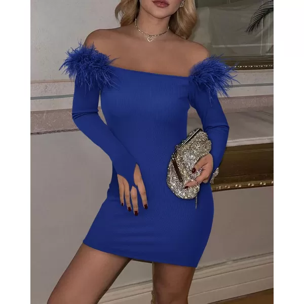 imageBTFBM Womens Off Shoulder Bodycon Dress Feather Long Sleeve Ribbed Knit Elegant Cocktail Evening Party Mini DressesSolid Royal Blue