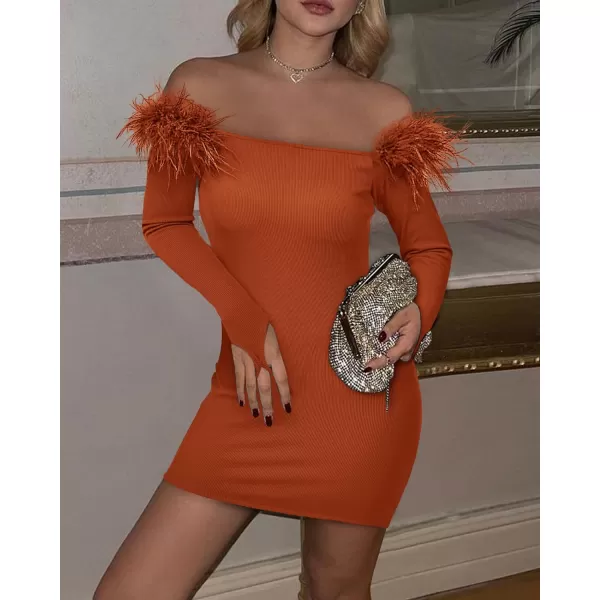 imageBTFBM Womens Off Shoulder Bodycon Dress Feather Long Sleeve Ribbed Knit Elegant Cocktail Evening Party Mini DressesSolid Rust Red