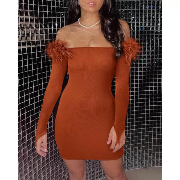 imageBTFBM Womens Off Shoulder Bodycon Dress Feather Long Sleeve Ribbed Knit Elegant Cocktail Evening Party Mini DressesSolid Rust Red