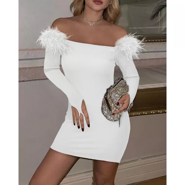 imageBTFBM Womens Off Shoulder Bodycon Dress Feather Long Sleeve Ribbed Knit Elegant Cocktail Evening Party Mini DressesSolid White