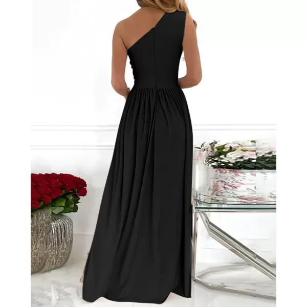 imageBTFBM Womens One Shoulder Cutout Sleeveless Maxi Dresses Side High Split Elegant Formal Prom Bodycon Party Cocktail DressSolid Black
