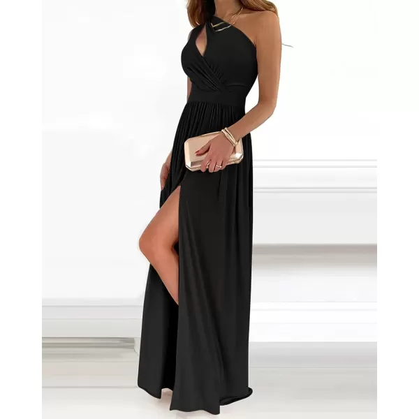 imageBTFBM Womens One Shoulder Cutout Sleeveless Maxi Dresses Side High Split Elegant Formal Prom Bodycon Party Cocktail DressSolid Black