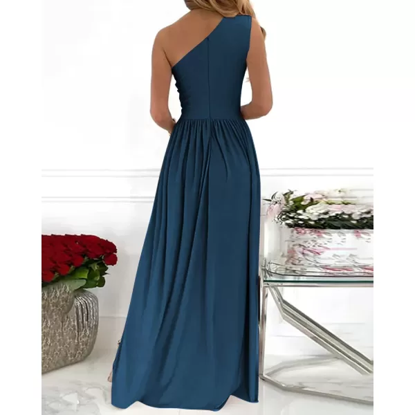 imageBTFBM Womens One Shoulder Cutout Sleeveless Maxi Dresses Side High Split Elegant Formal Prom Bodycon Party Cocktail DressSolid Dark Blue