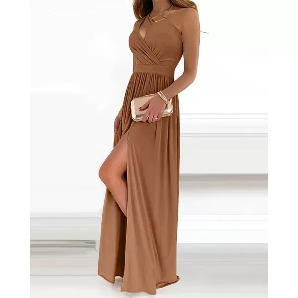 imageBTFBM Womens One Shoulder Cutout Sleeveless Maxi Dresses Side High Split Elegant Formal Prom Bodycon Party Cocktail DressSolid Dark Khaki