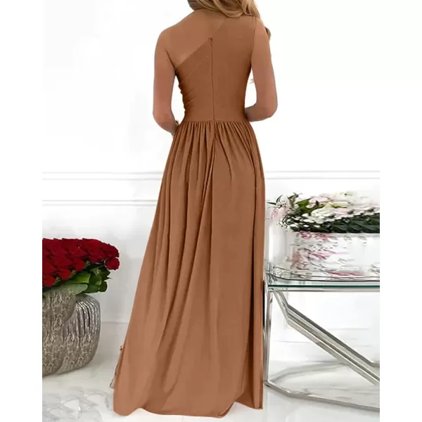 imageBTFBM Womens One Shoulder Cutout Sleeveless Maxi Dresses Side High Split Elegant Formal Prom Bodycon Party Cocktail DressSolid Dark Khaki