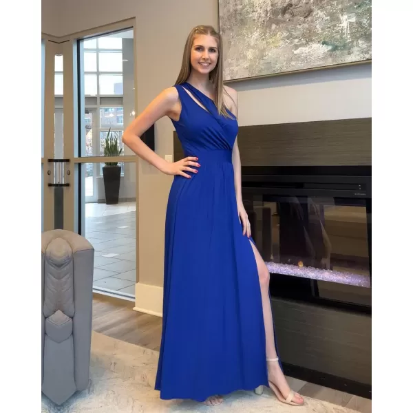 imageBTFBM Womens One Shoulder Cutout Sleeveless Maxi Dresses Side High Split Elegant Formal Prom Bodycon Party Cocktail DressSolid Dark Royal Blue