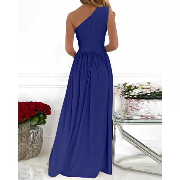 imageBTFBM Womens One Shoulder Cutout Sleeveless Maxi Dresses Side High Split Elegant Formal Prom Bodycon Party Cocktail DressSolid Dark Royal Blue