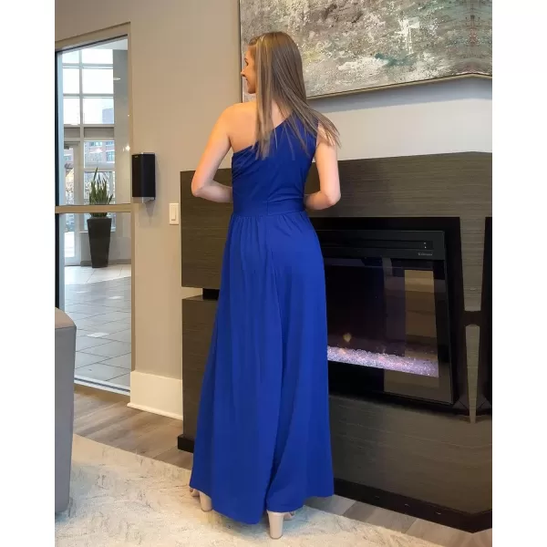 imageBTFBM Womens One Shoulder Cutout Sleeveless Maxi Dresses Side High Split Elegant Formal Prom Bodycon Party Cocktail DressSolid Dark Royal Blue