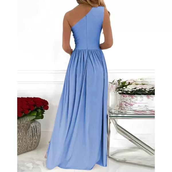 imageBTFBM Womens One Shoulder Cutout Sleeveless Maxi Dresses Side High Split Elegant Formal Prom Bodycon Party Cocktail DressSolid Light Blue