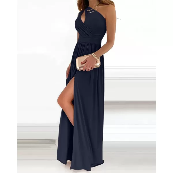 imageBTFBM Womens One Shoulder Cutout Sleeveless Maxi Dresses Side High Split Elegant Formal Prom Bodycon Party Cocktail DressSolid Navy