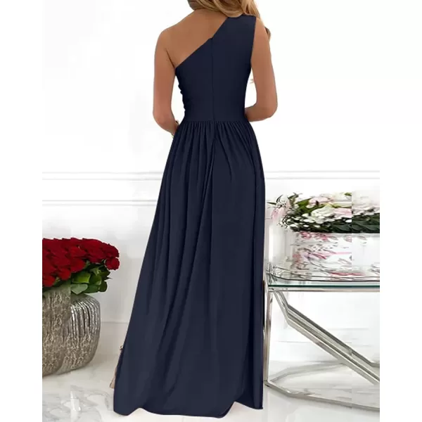 imageBTFBM Womens One Shoulder Cutout Sleeveless Maxi Dresses Side High Split Elegant Formal Prom Bodycon Party Cocktail DressSolid Navy