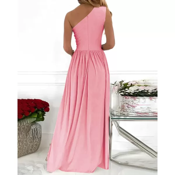 imageBTFBM Womens One Shoulder Cutout Sleeveless Maxi Dresses Side High Split Elegant Formal Prom Bodycon Party Cocktail DressSolid Pink