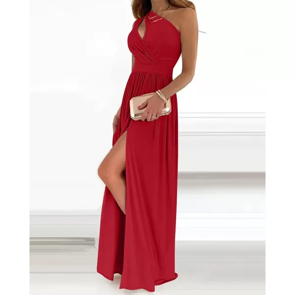 imageBTFBM Womens One Shoulder Cutout Sleeveless Maxi Dresses Side High Split Elegant Formal Prom Bodycon Party Cocktail DressSolid Red