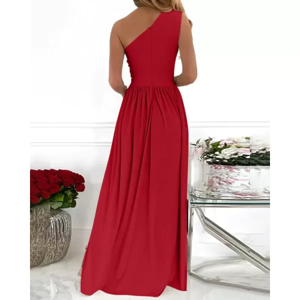 imageBTFBM Womens One Shoulder Cutout Sleeveless Maxi Dresses Side High Split Elegant Formal Prom Bodycon Party Cocktail DressSolid Red