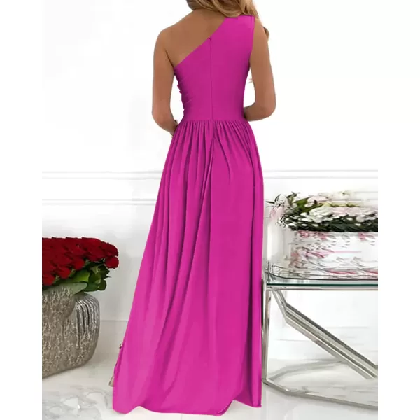 imageBTFBM Womens One Shoulder Cutout Sleeveless Maxi Dresses Side High Split Elegant Formal Prom Bodycon Party Cocktail DressSolid Rose Red