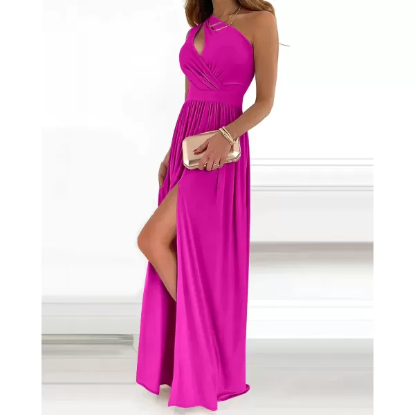 imageBTFBM Womens One Shoulder Cutout Sleeveless Maxi Dresses Side High Split Elegant Formal Prom Bodycon Party Cocktail DressSolid Rose Red