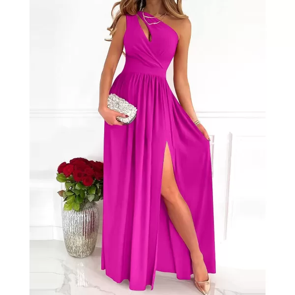 imageBTFBM Womens One Shoulder Cutout Sleeveless Maxi Dresses Side High Split Elegant Formal Prom Bodycon Party Cocktail DressSolid Rose Red