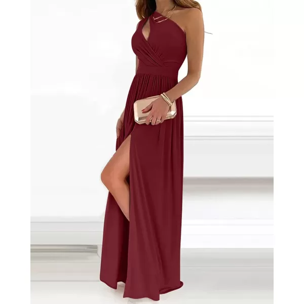 imageBTFBM Womens One Shoulder Cutout Sleeveless Maxi Dresses Side High Split Elegant Formal Prom Bodycon Party Cocktail DressSolid Wine Red