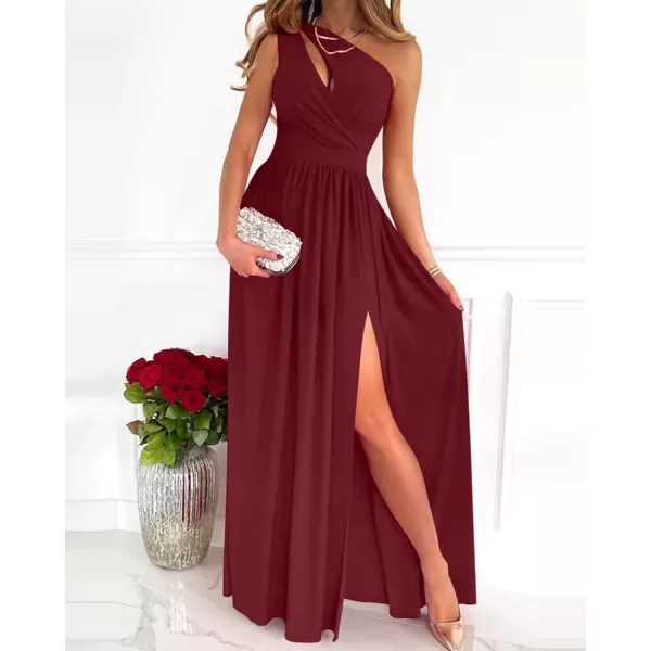 imageBTFBM Womens One Shoulder Cutout Sleeveless Maxi Dresses Side High Split Elegant Formal Prom Bodycon Party Cocktail DressSolid Wine Red