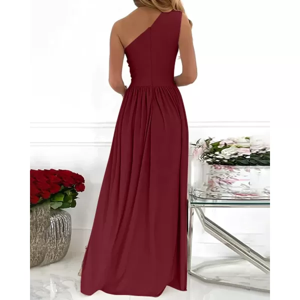 imageBTFBM Womens One Shoulder Cutout Sleeveless Maxi Dresses Side High Split Elegant Formal Prom Bodycon Party Cocktail DressSolid Wine Red