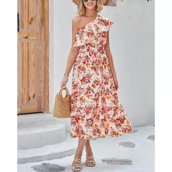 imageBTFBM Womens One Shoulder Maxi Dress Sleeveless Casual Summer Layered Ruffle Boho Floral Print Party Beach ALine DressesFloral Apricot Red