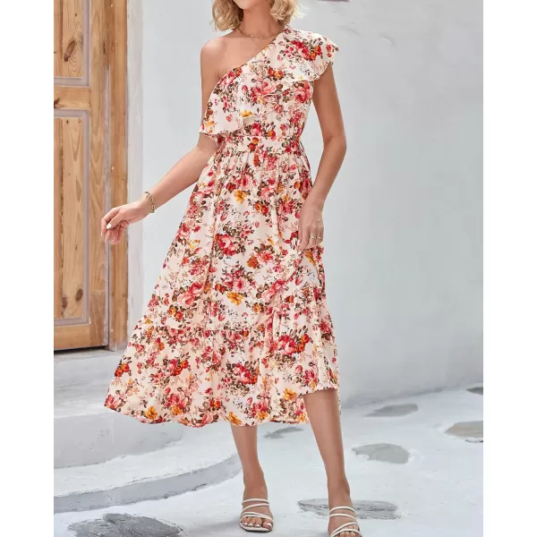 imageBTFBM Womens One Shoulder Maxi Dress Sleeveless Casual Summer Layered Ruffle Boho Floral Print Party Beach ALine DressesFloral Apricot Red