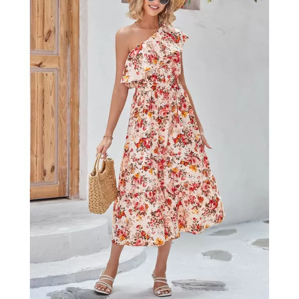 imageBTFBM Womens One Shoulder Maxi Dress Sleeveless Casual Summer Layered Ruffle Boho Floral Print Party Beach ALine DressesFloral Apricot Red