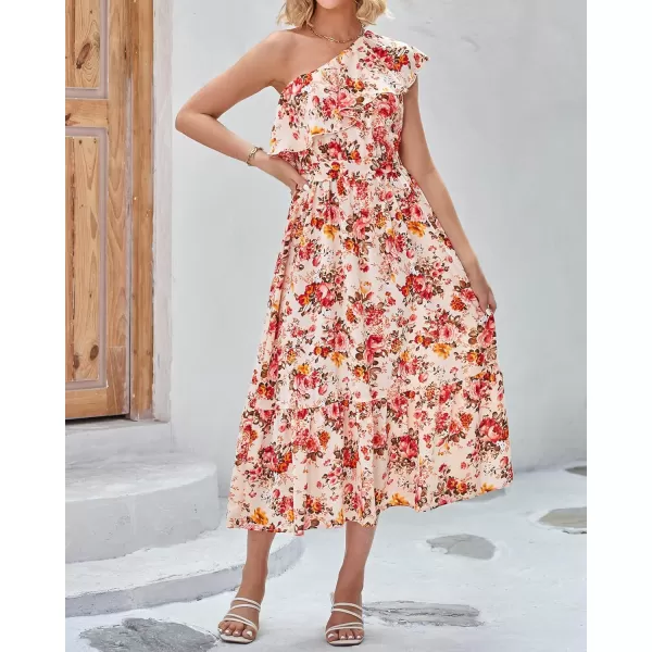imageBTFBM Womens One Shoulder Maxi Dress Sleeveless Casual Summer Layered Ruffle Boho Floral Print Party Beach ALine DressesFloral Apricot Red