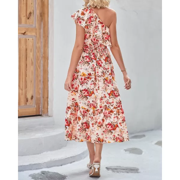 imageBTFBM Womens One Shoulder Maxi Dress Sleeveless Casual Summer Layered Ruffle Boho Floral Print Party Beach ALine DressesFloral Apricot Red